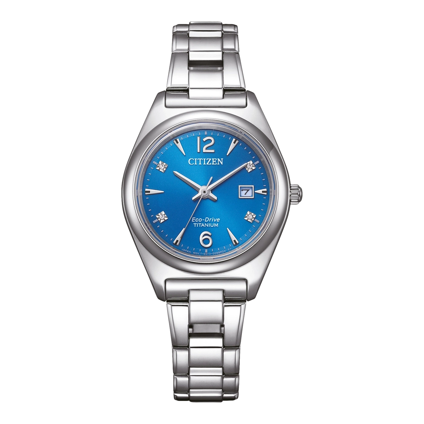 Citizen-Uhr mit blauem Zifferblatt, Titan, Eco-Drive und silbernem Armband.