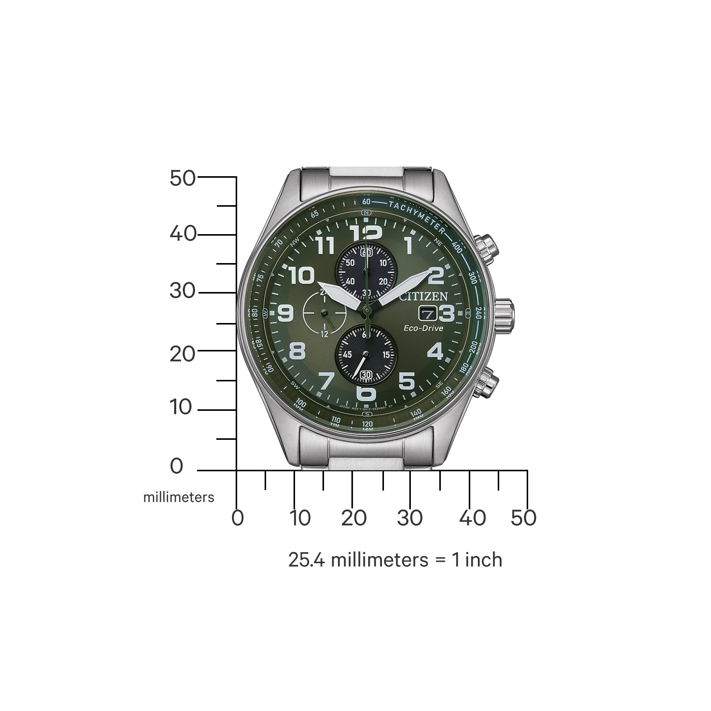 Citizen-Uhr mit grünem Zifferblatt und silbernem Armband, zeigt Zeit und Tachymeter.