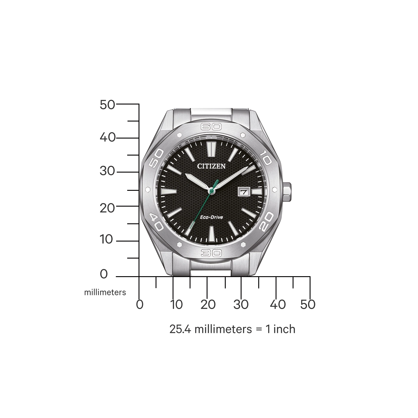 Citizen-Uhr mit schwarzem Zifferblatt, silberner Lünette und Datumsanzeige. Eco-Drive-Technologie.
