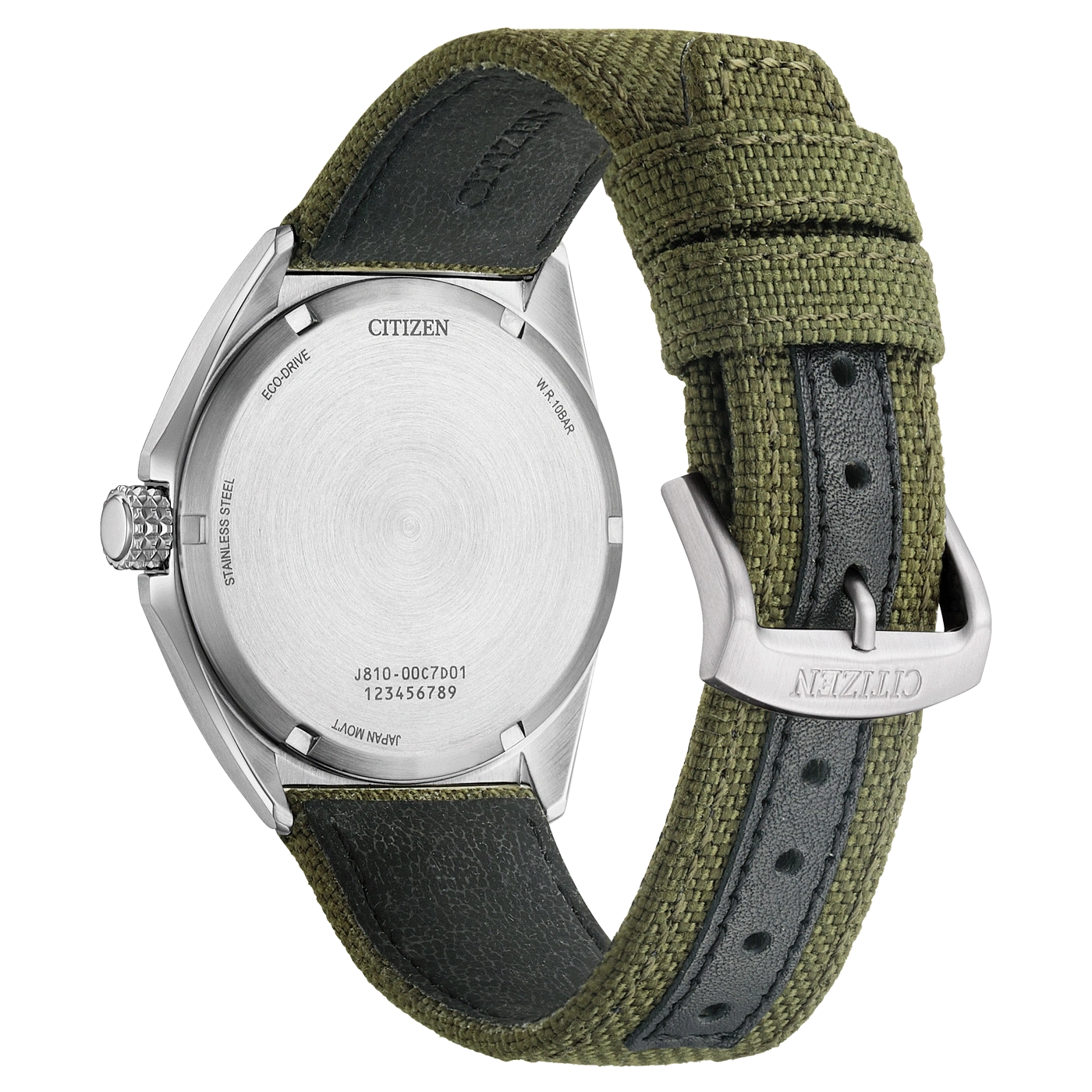 Citizen-Uhr, Rückseite mit Text, grünes Armband, Edelstahl, Nahaufnahme.