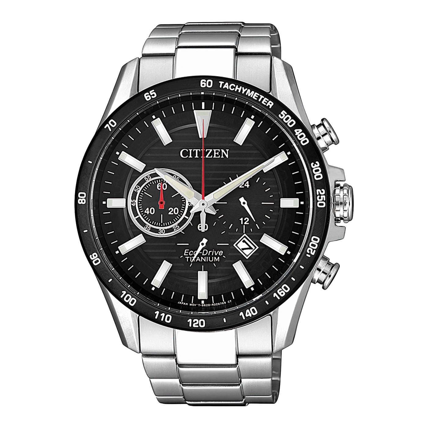 Citizen-Uhr mit schwarzem Zifferblatt, Tachymeter und Titan-Eco-Drive.