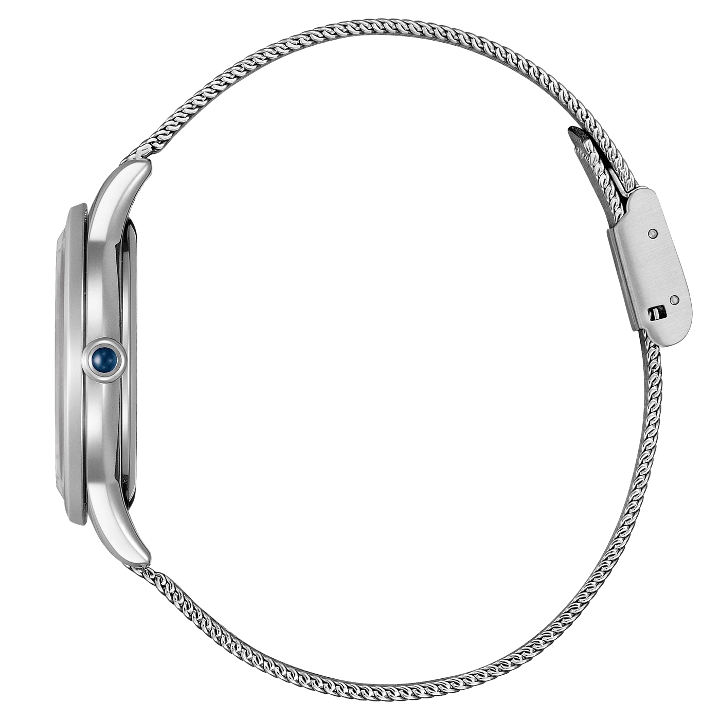 Silberne Uhr mit Mesh-Armband, Seitenansicht, elegantes Design, moderner Stil.