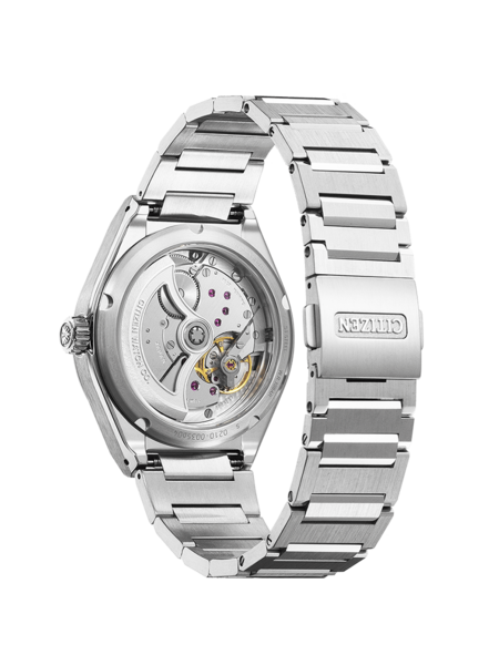 Citizen-Uhr, Rückseite mit Mechanismus und Metallarmband, Nahaufnahme.
