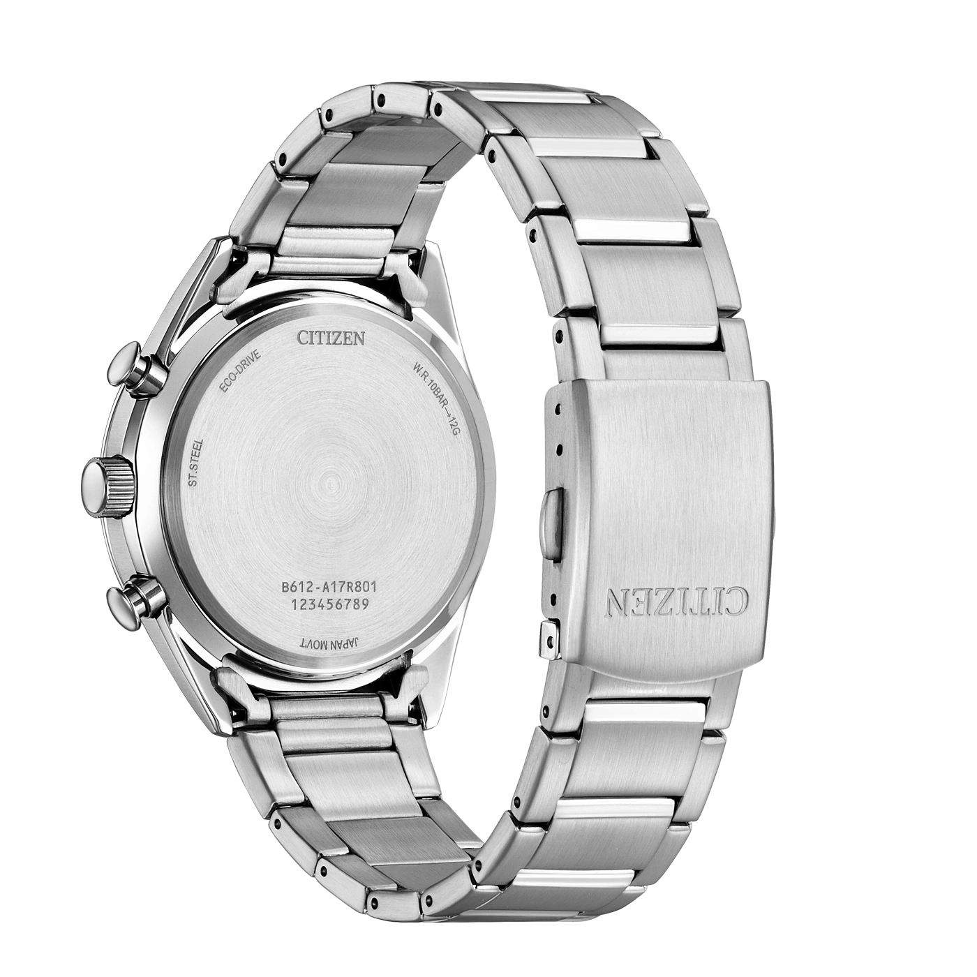 Citizen-Uhrrückseite, Edelstahl, Eco-Drive, Modelldetails und Verschluss.