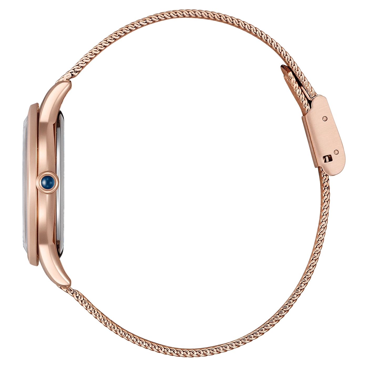 Roségold-Uhr mit Mesh-Armband, Seitenansicht, elegantes Design.