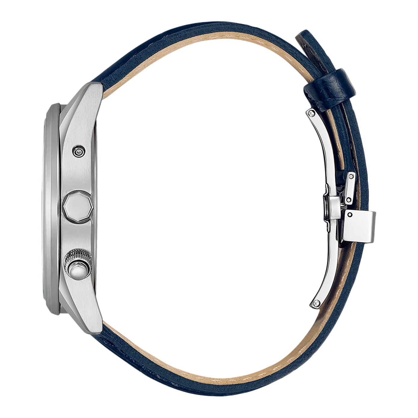 Seitenansicht einer silbernen Uhr mit blauem Lederarmband.