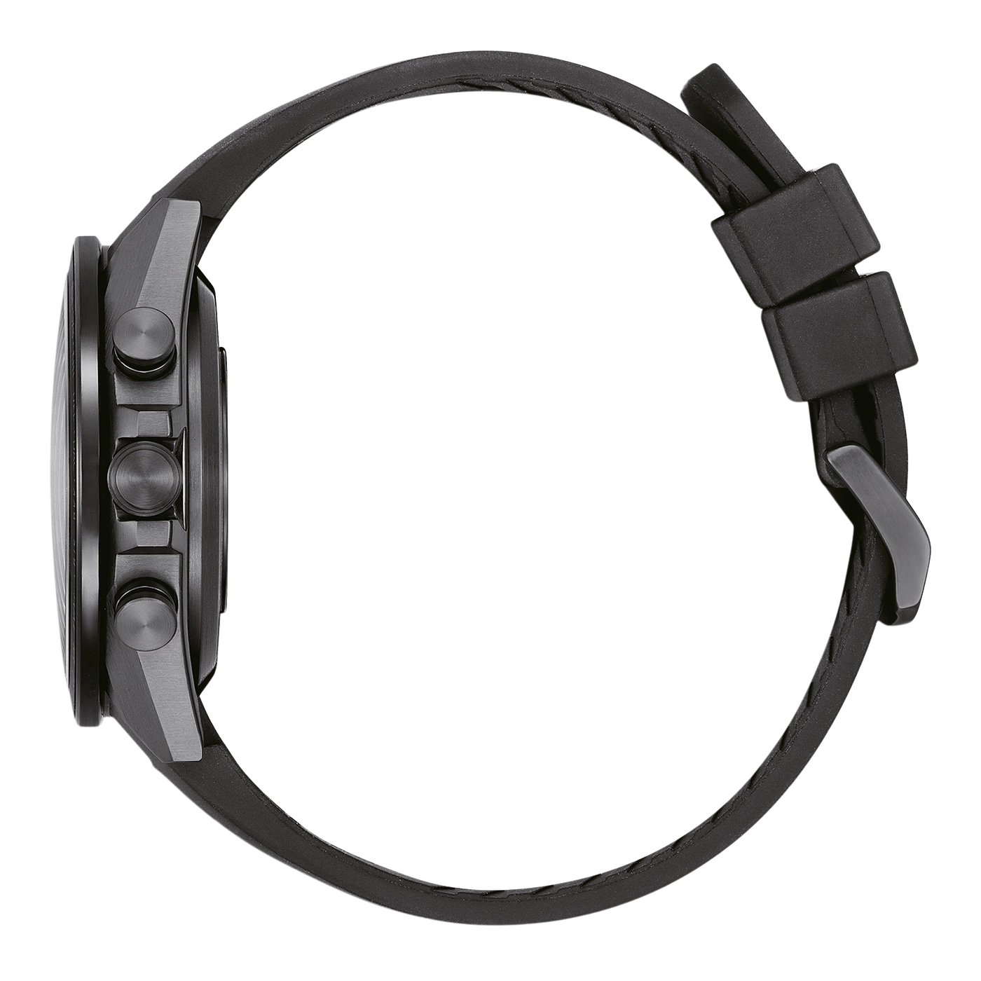 Schwarze Uhr mit schwarzem Armband, Seitenansicht, modernes Design, eleganter Stil.