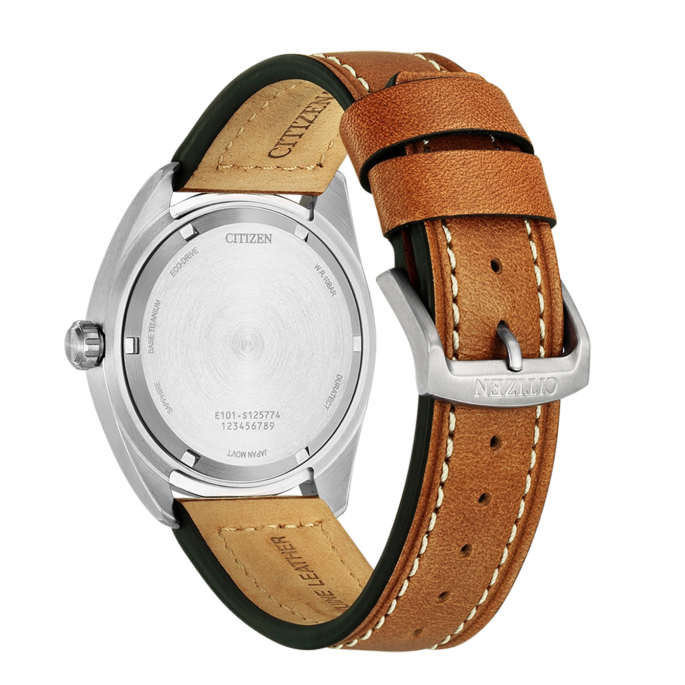 Rückseite der Citizen-Uhr mit Lederarmband, Markenname und Details.