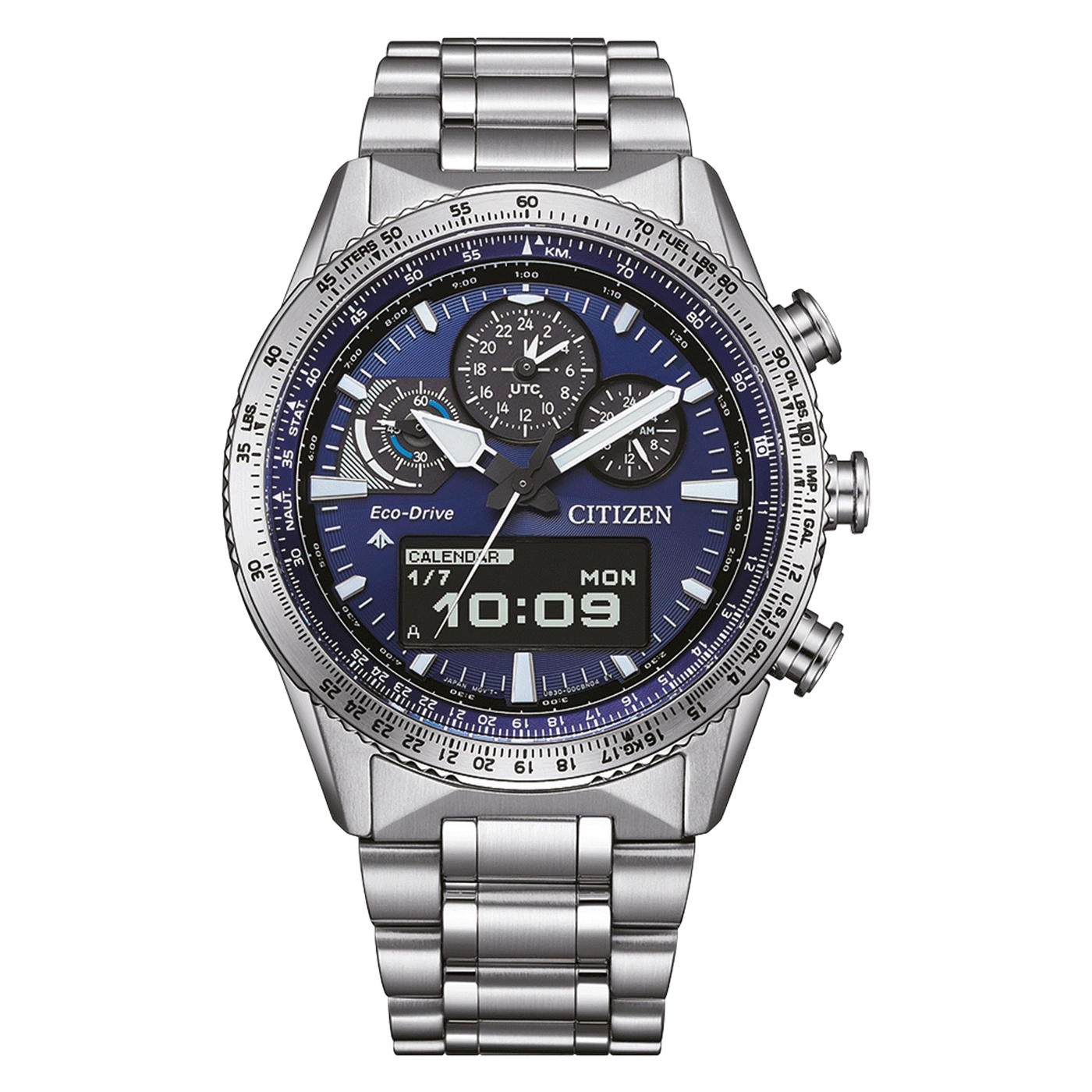 Citizen-Uhr mit blauem Zifferblatt, Digitalanzeige und Edelstahlarmband.