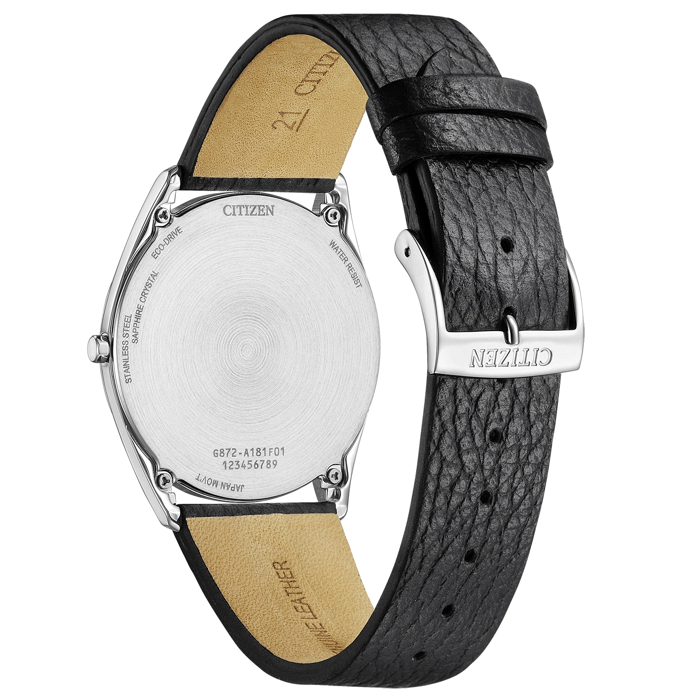 Citizen-Uhrrückseite mit Lederarmband, Edelstahl, Saphirkristall, Eco-Drive