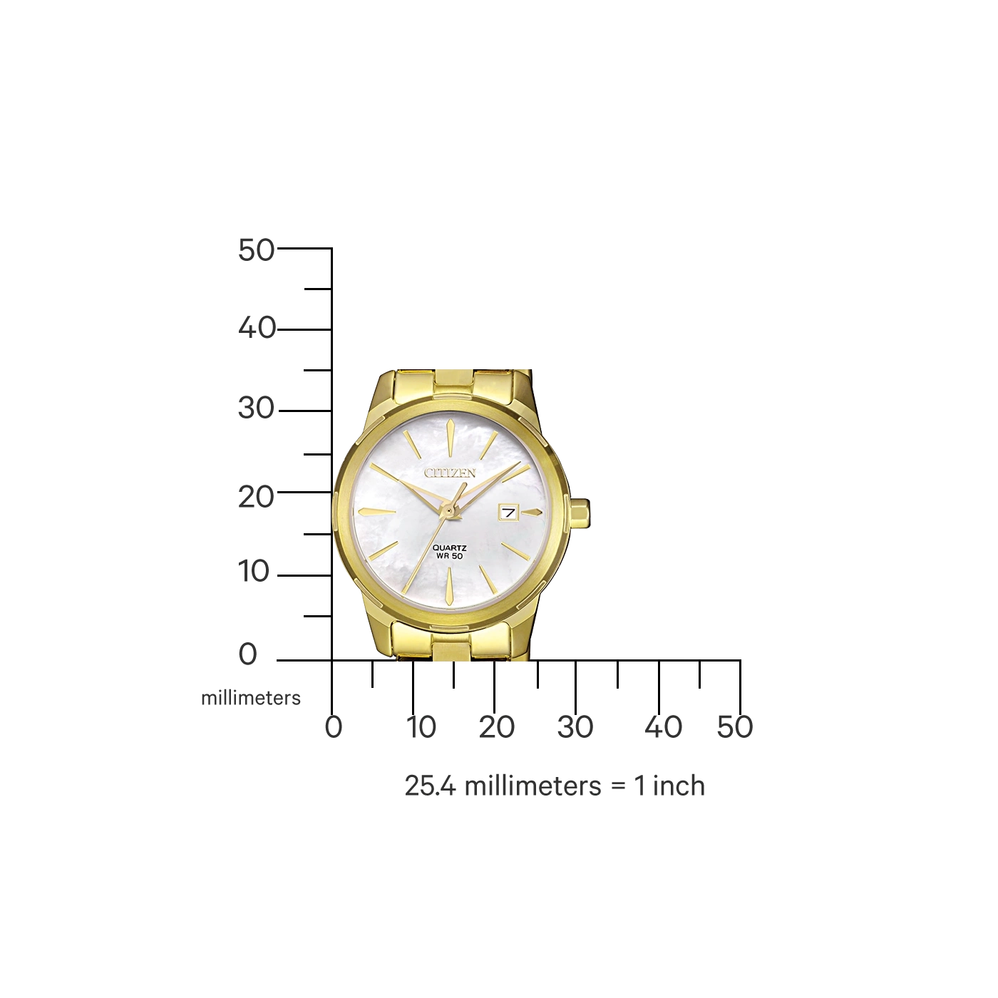 Goldene Citizen-Uhr mit weißem Zifferblatt, Datumsanzeige und Quarzwerk.
