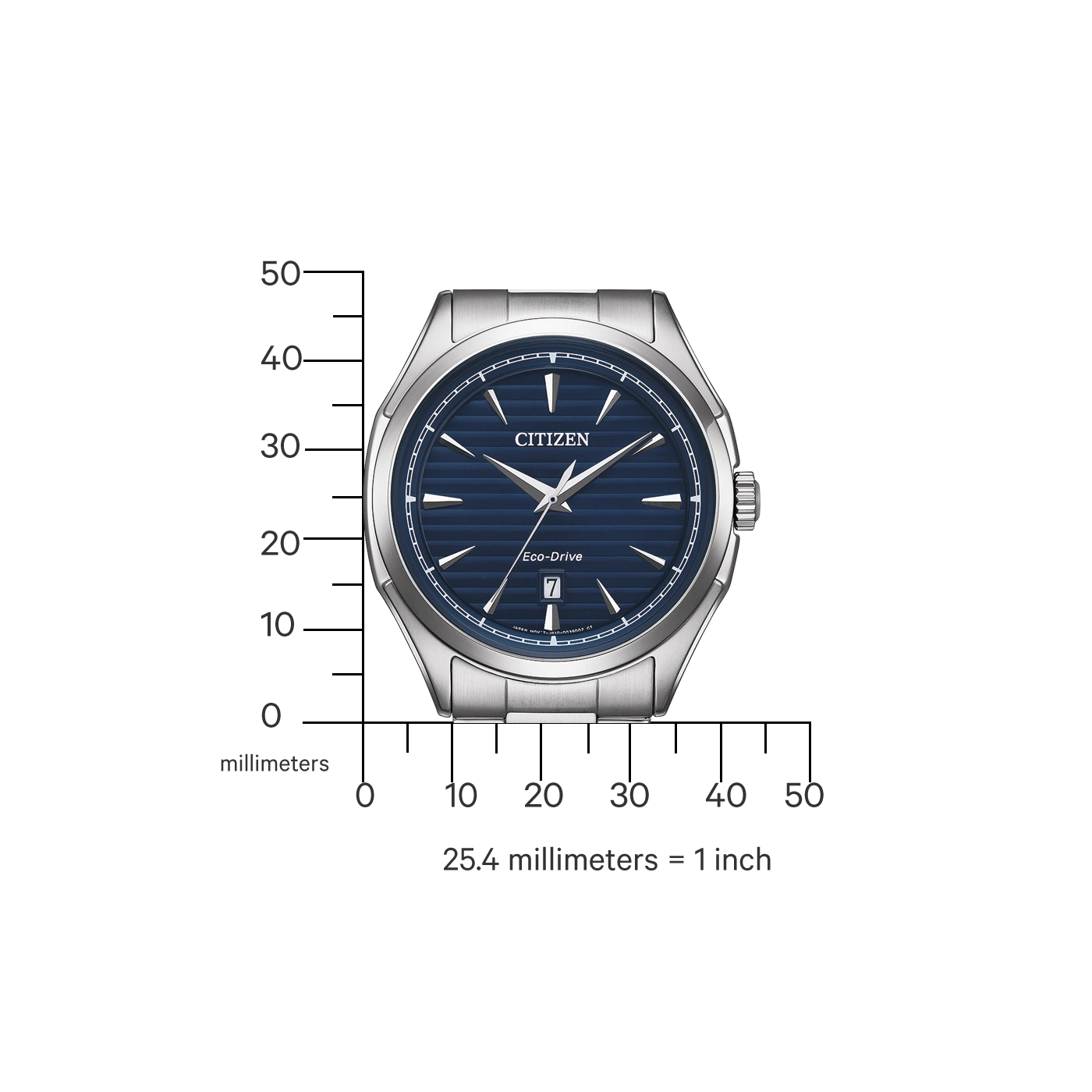 Citizen-Uhr mit blauem Zifferblatt, Eco-Drive und silbernem Armband. 25,4 Millimeter = 1 Zoll.