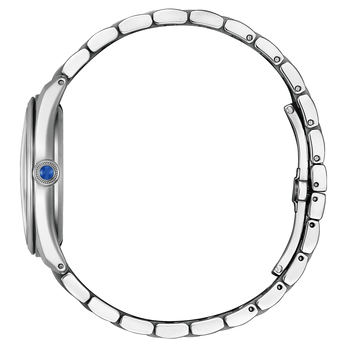 Silberne Uhr mit blauem Edelstein und Metallarmband, Seitenansicht.