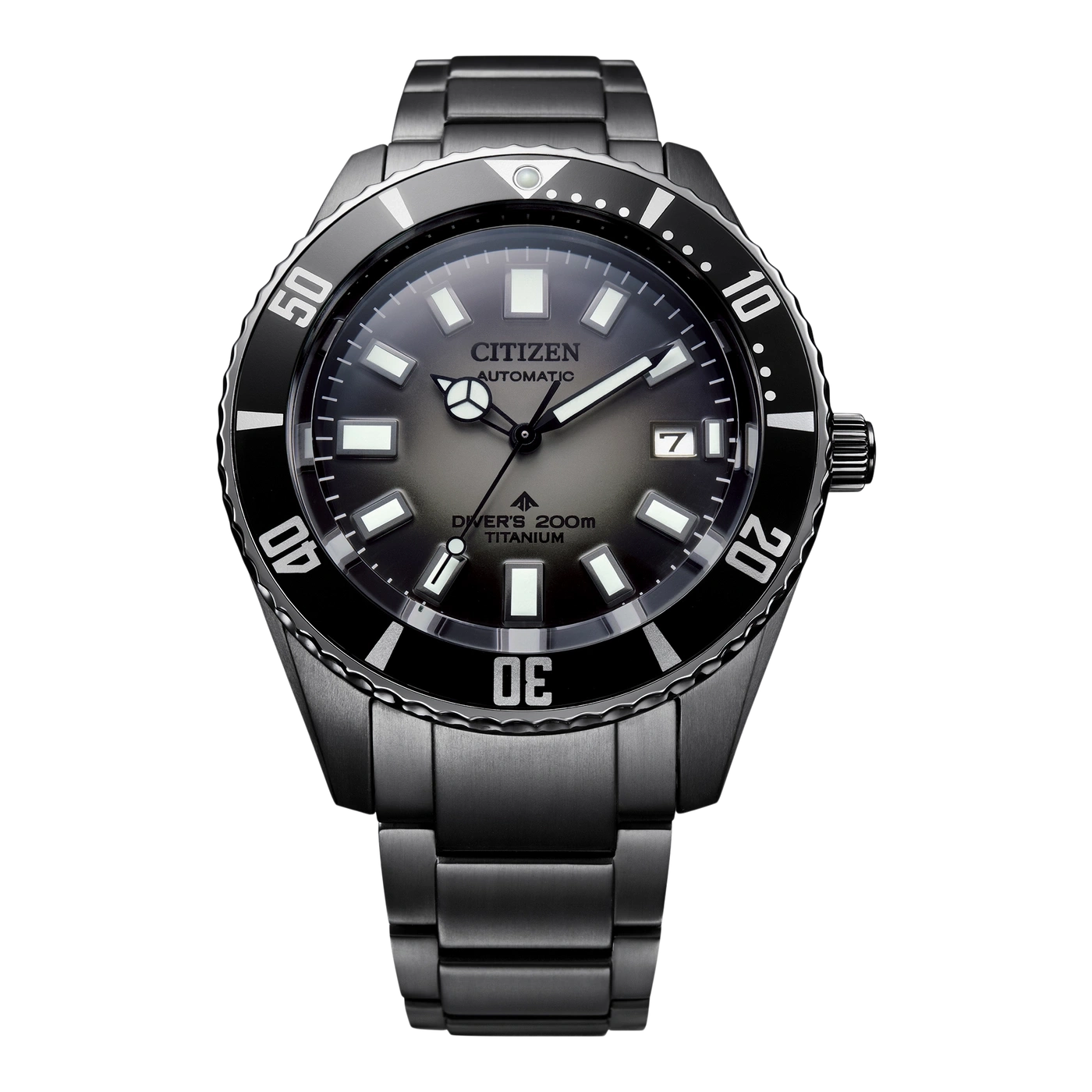 Schwarze Citizen-Uhr mit schwarzer Lünette und Titanarmband.