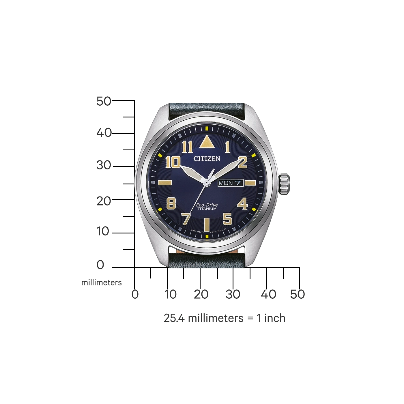 Citizen-Uhr mit blauem Zifferblatt, Titan, Eco-Drive und Tagesanzeige.