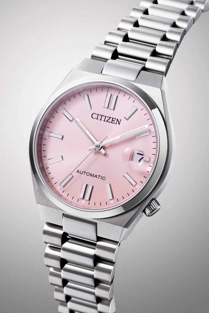 Citizen-Uhr mit rosa Zifferblatt und silbernem Armband, Automatikwerk.