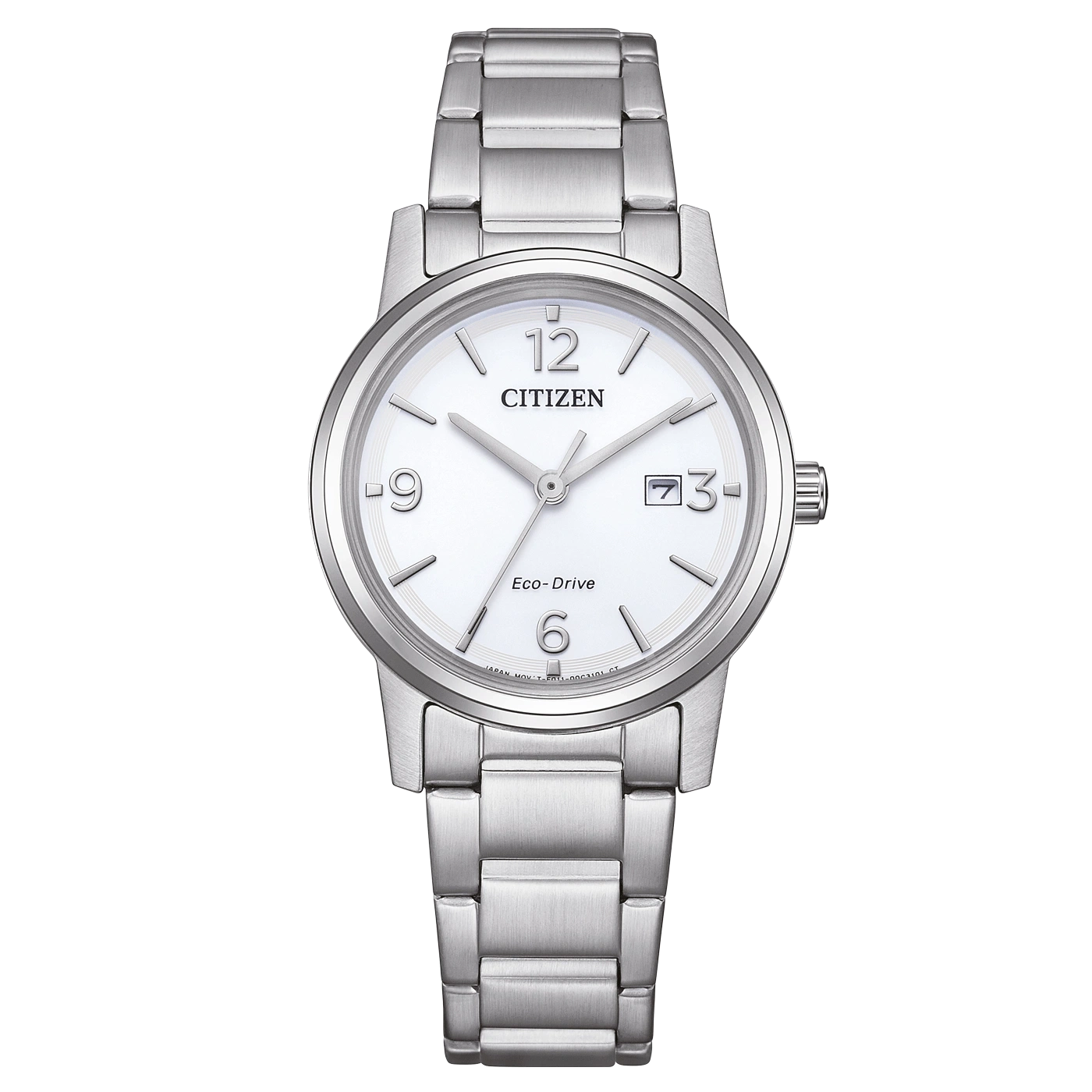 Citizen-Uhr mit weißem Zifferblatt und silbernem Armband, Eco-Drive-Technologie.
