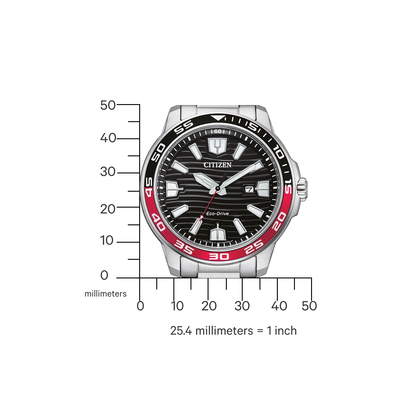 Citizen-Uhr mit schwarzen und roten Details, zeigt die Zeit und Eco-Drive-Technologie.