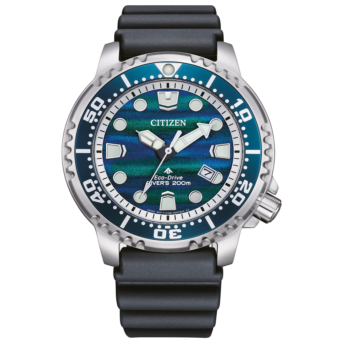 Eine Citizen Eco-Drive Taucheruhr mit blau-grünem Zifferblatt und schwarzem Band.