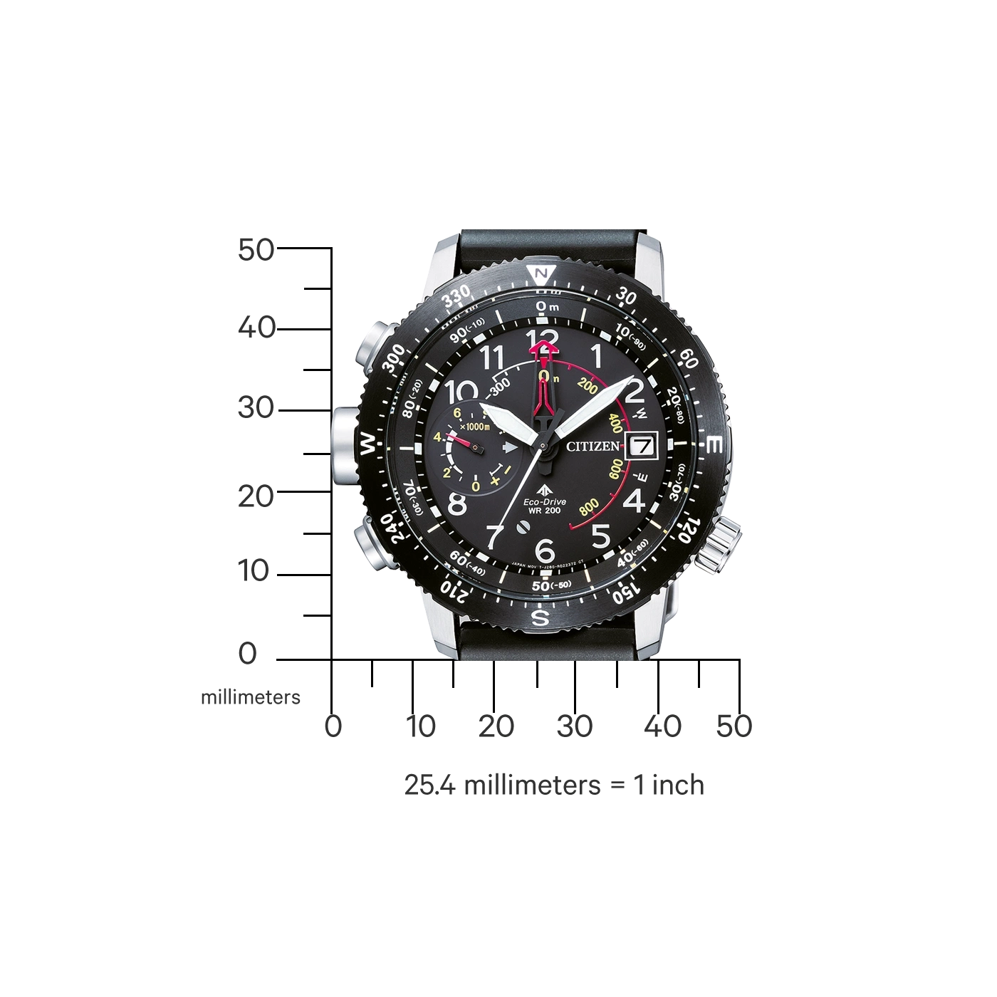 Citizen-Uhr mit schwarzem Zifferblatt, Zahlen und Zeigern, mit schwarzem Armband.