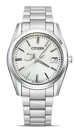 Citizen-Uhr mit silbernem Armband und weißem Zifferblatt, Datumsanzeige.