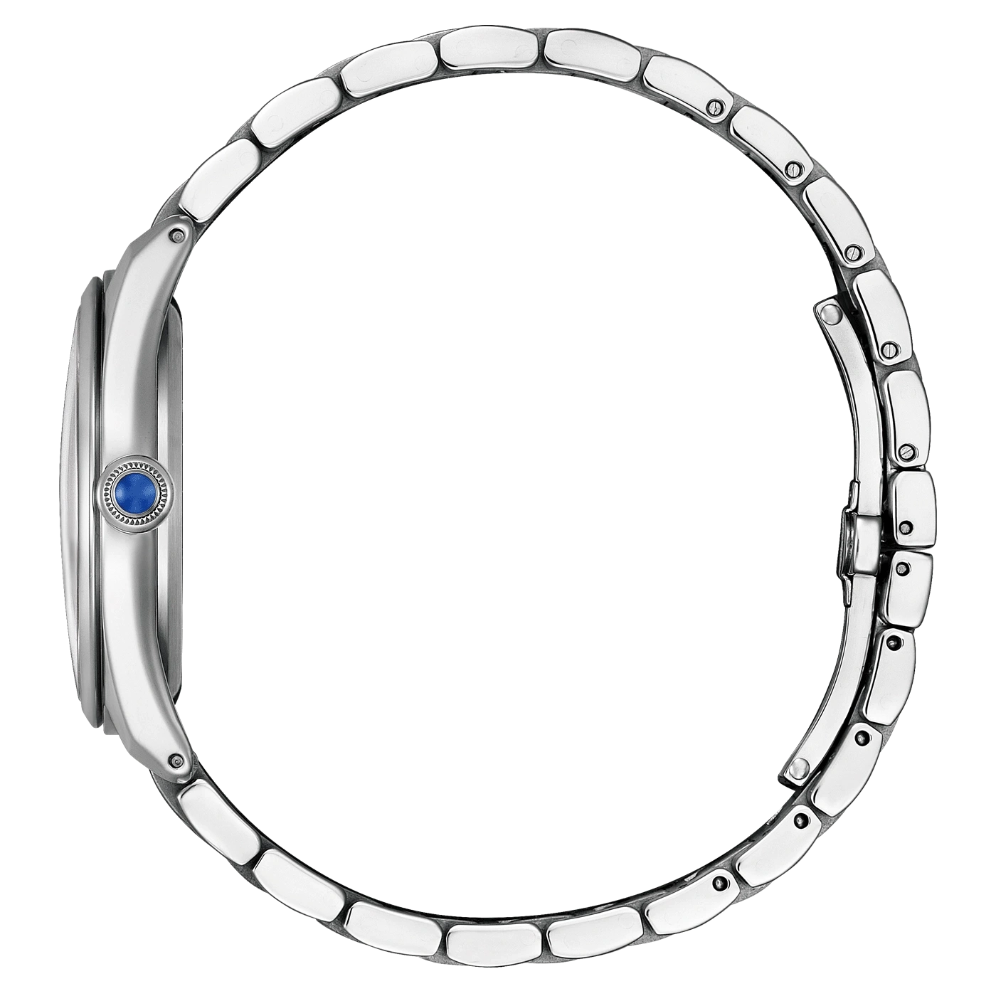Seitenansicht einer silbernen Uhr mit blauem Edelstein und Metallarmband.