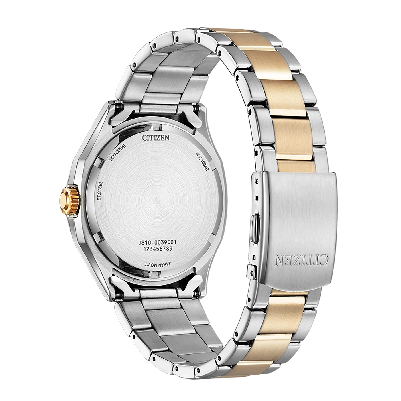 Citizen-Uhrrückseite, Silber und Gold, Eco-Drive, Edelstahl, Japan-Uhrwerk