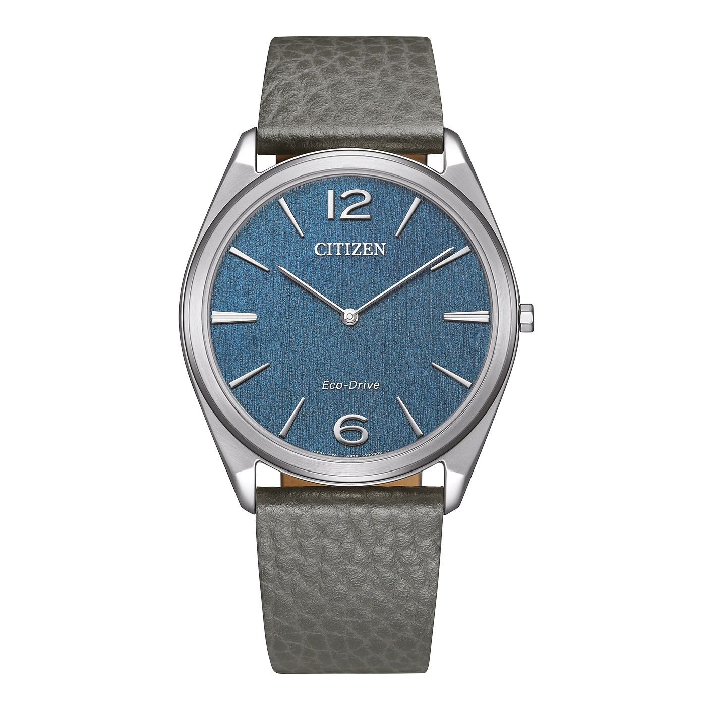 Eine Citizen Eco-Drive Uhr mit blauem Zifferblatt und grauem Lederarmband.