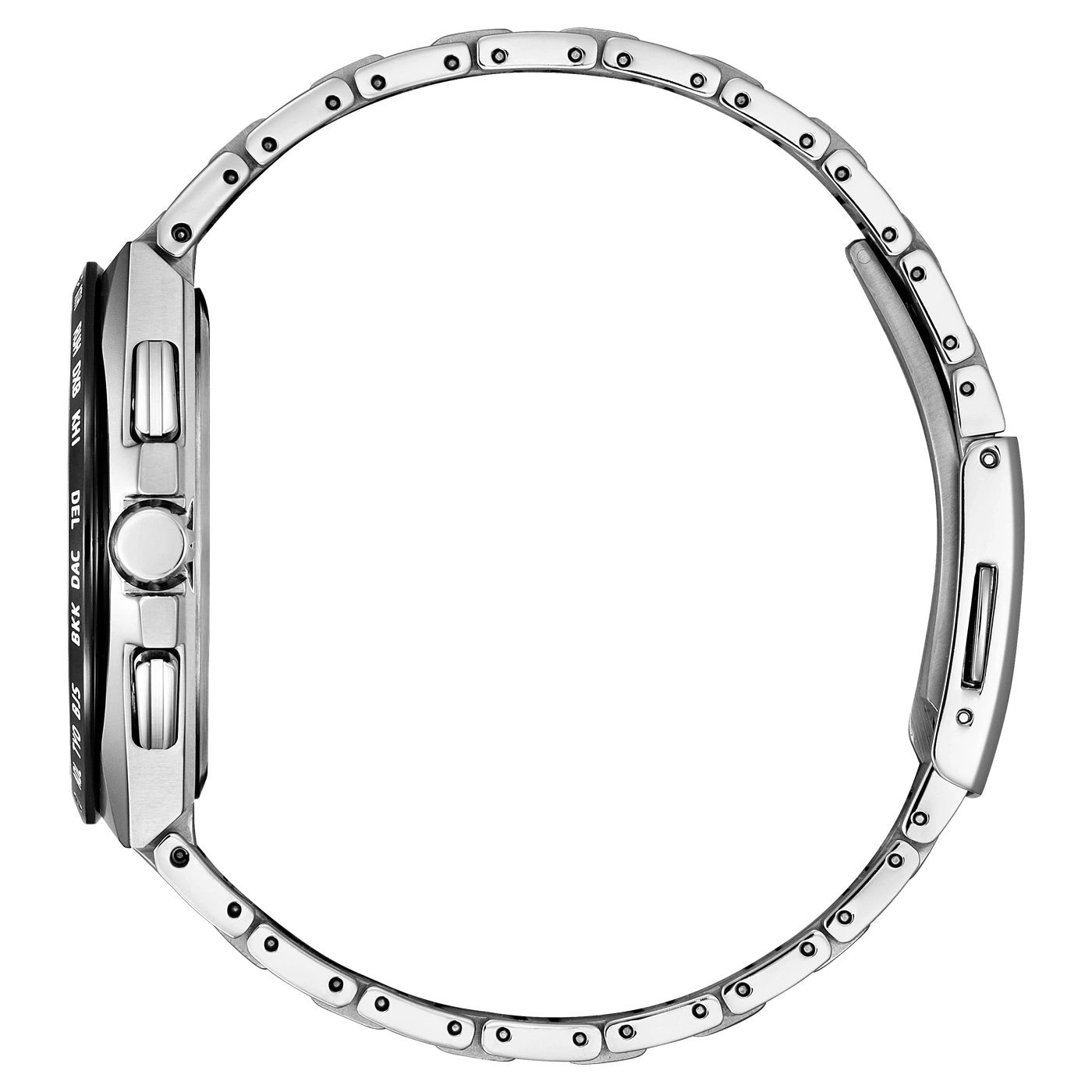 Seitenansicht einer silbernen Armbanduhr mit Metallband und schwarzem Zifferblatt.