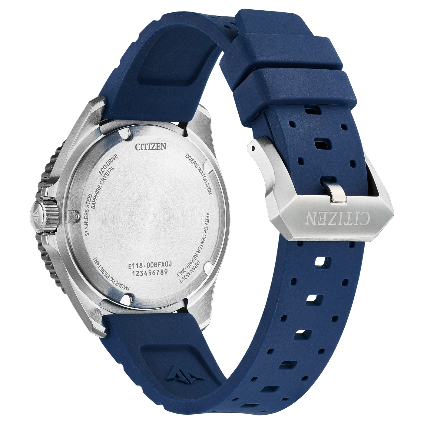 Citizen Uhrengehäuseboden mit Modellnummer und blauem Kautschukarmband