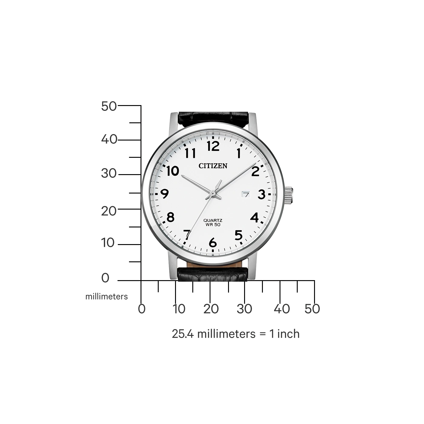Citizen-Uhr mit weißem Zifferblatt, schwarzem Lederarmband und einer Messskala.