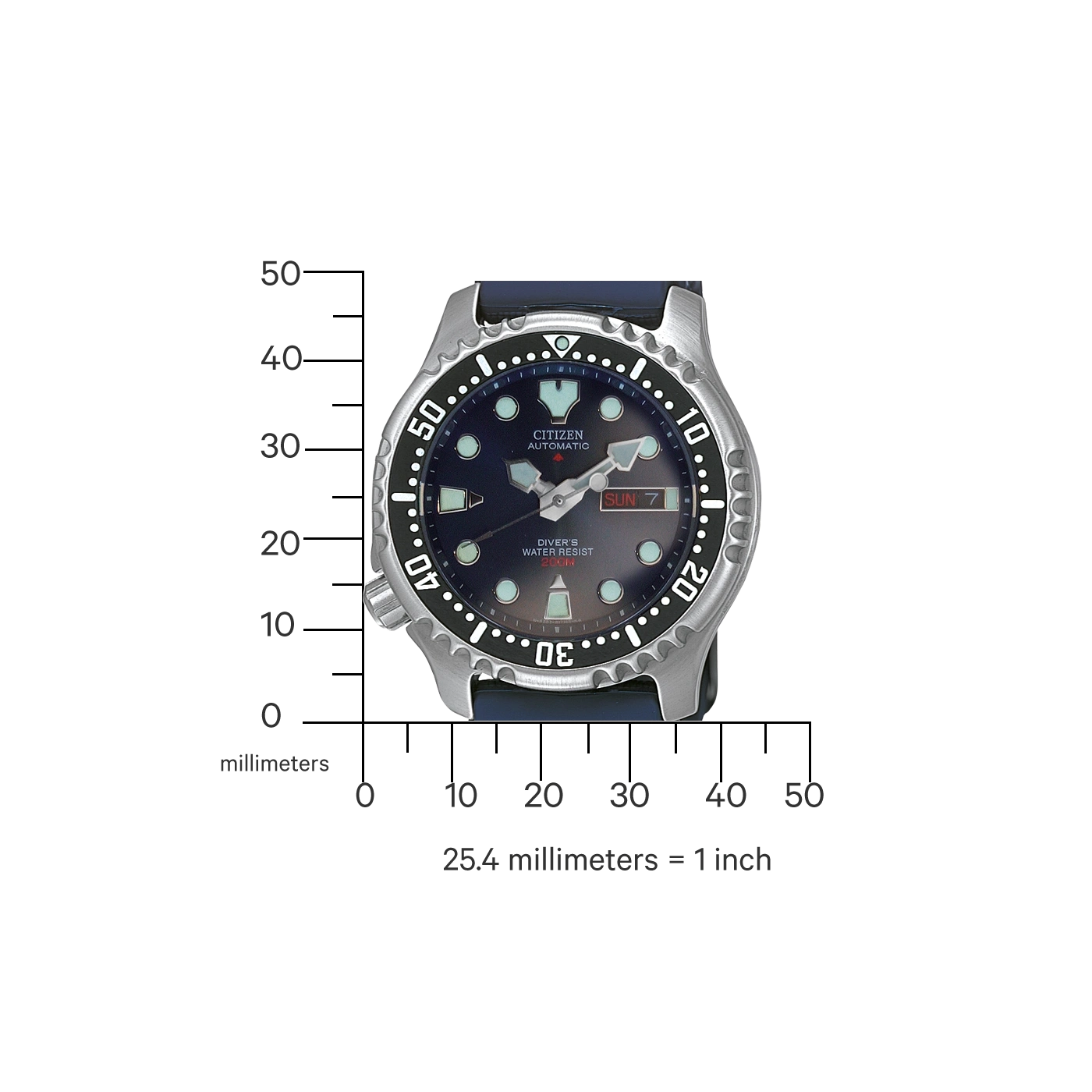 Citizen Automatik-Uhr mit blauem Armband, wasserdicht bis 200M, und Tagesanzeige.
