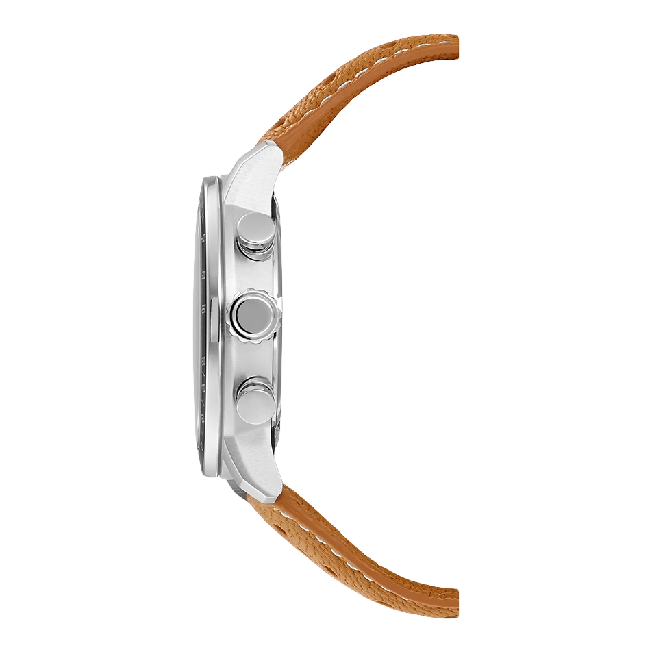 Seitenansicht einer silbernen Uhr mit braunem Lederarmband.
