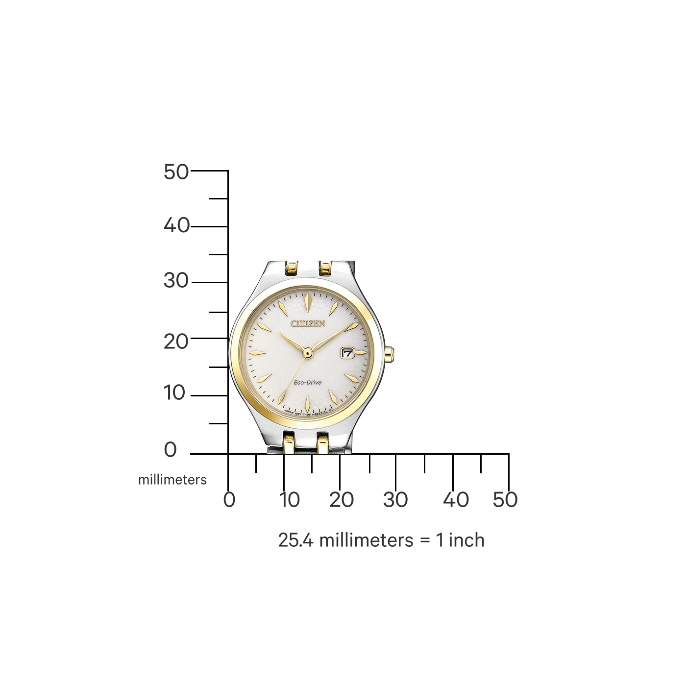 Citizen-Uhr mit goldenen Akzenten, Eco-Drive und Datumsanzeige.
