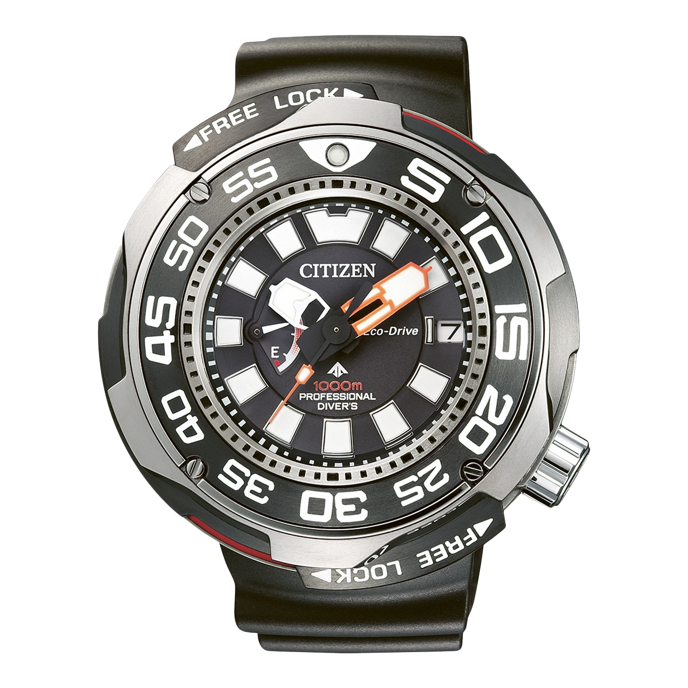 Citizen-Uhr mit schwarzem Zifferblatt, silberner Lünette und schwarzem Armband. Professionelle Taucheruhr.