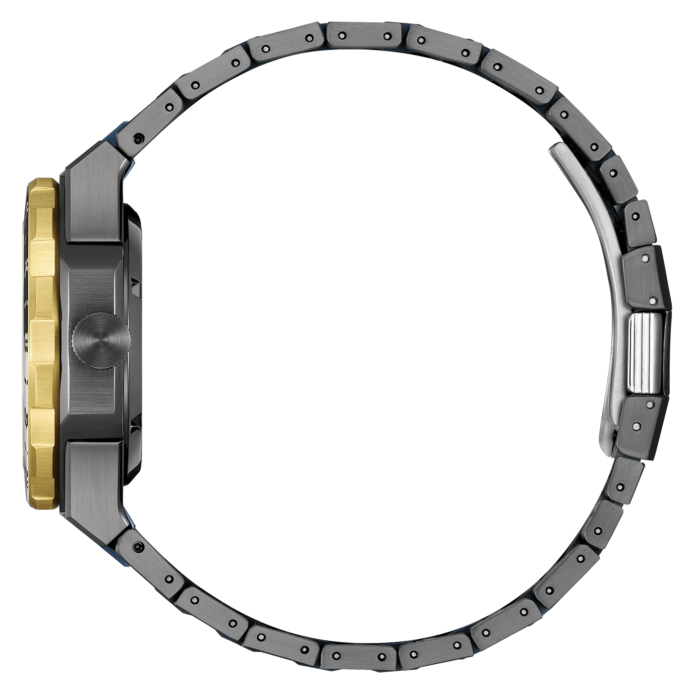 Seitenansicht einer modernen Uhr mit Metallarmband und goldenen Akzenten.