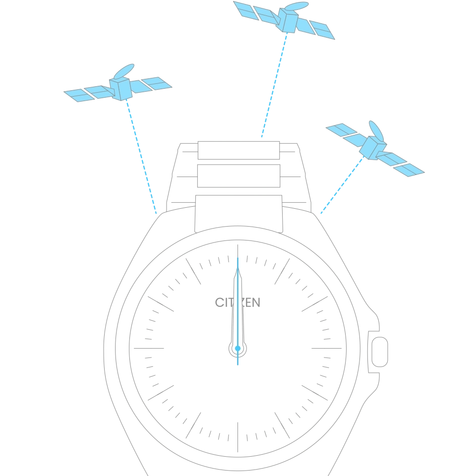Citizen-Uhr mit Satelliten, Zeitsynchronisation, schwarzer Hintergrund, Illustration