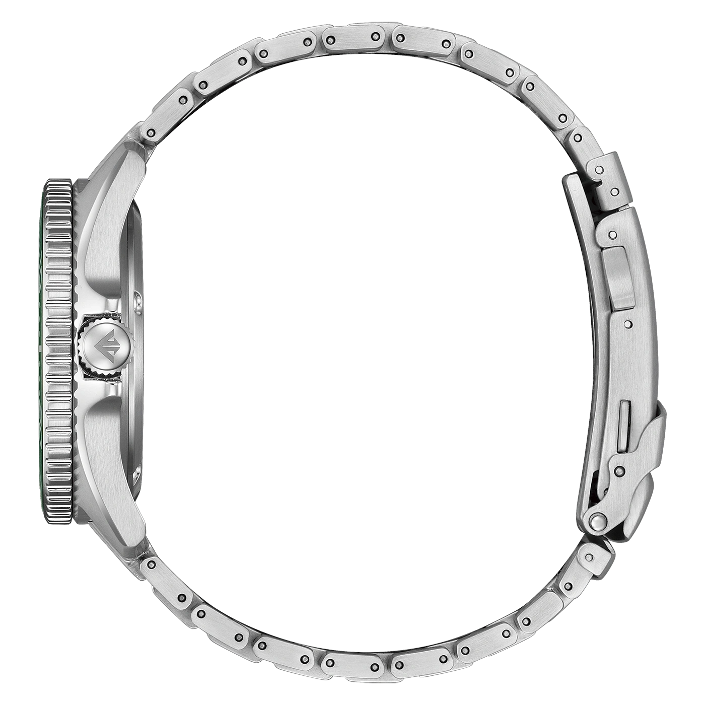 Ein silbernes Uhrenarmband mit Schließe ist kreisförmig vor einem weißen Hintergrund abgebildet.