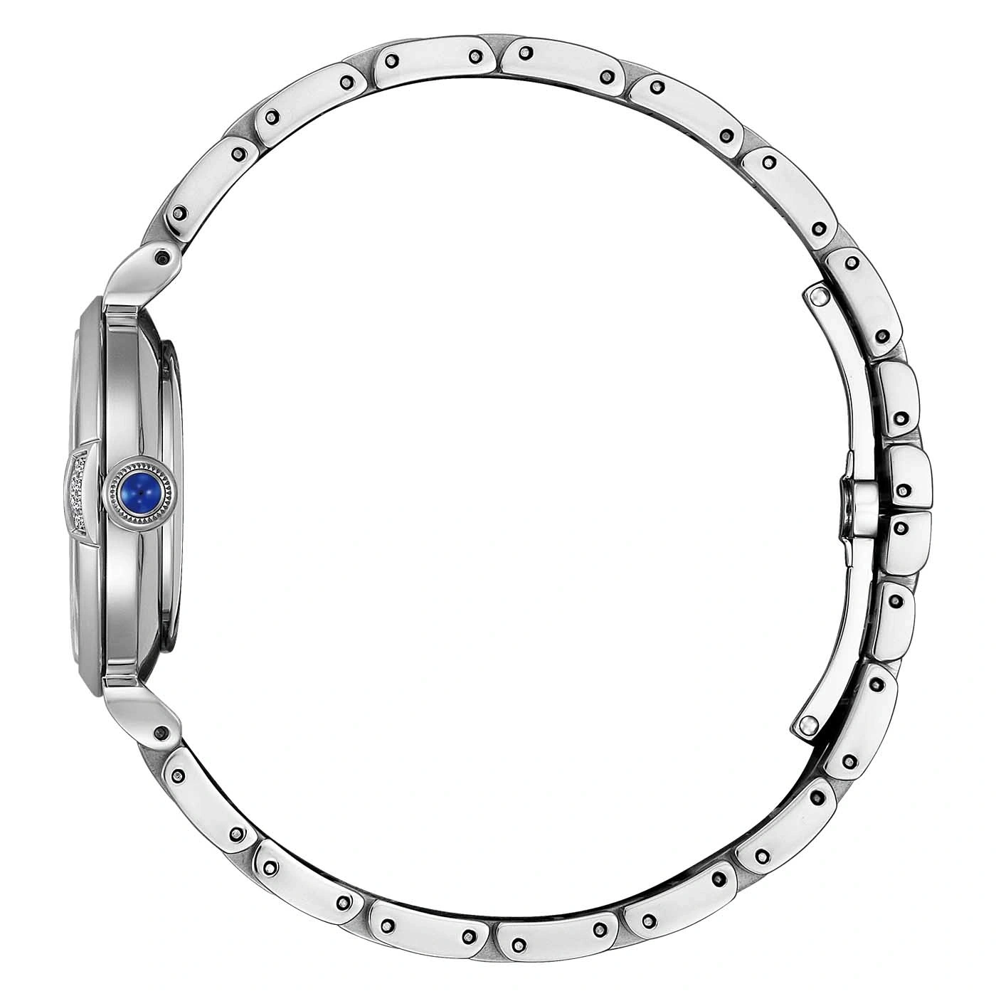 Silberne Uhr mit blauem Edelstein und Armband, Seitenansicht, elegantes Design