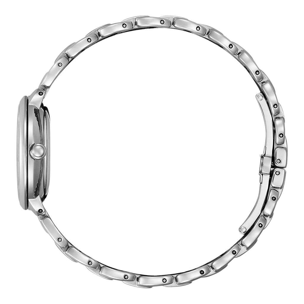 Silberne Uhr mit rundem Zifferblatt und Metallarmband, Seitenansicht.