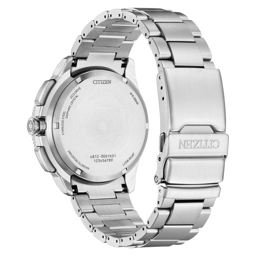 Rückansicht einer gebürsteten Citizen Eco-Drive-Uhr aus Edelstahl.