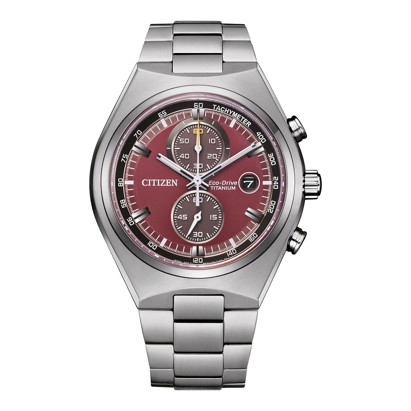 Citizen-Uhr mit rotem Zifferblatt, Tachymeter, Eco-Drive, Titan und Datumsanzeige.