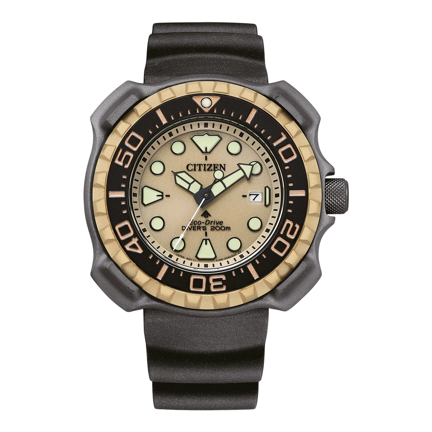 Citizen-Uhr mit schwarzem Armband, goldener und schwarzer Lünette und beigem Zifferblatt.