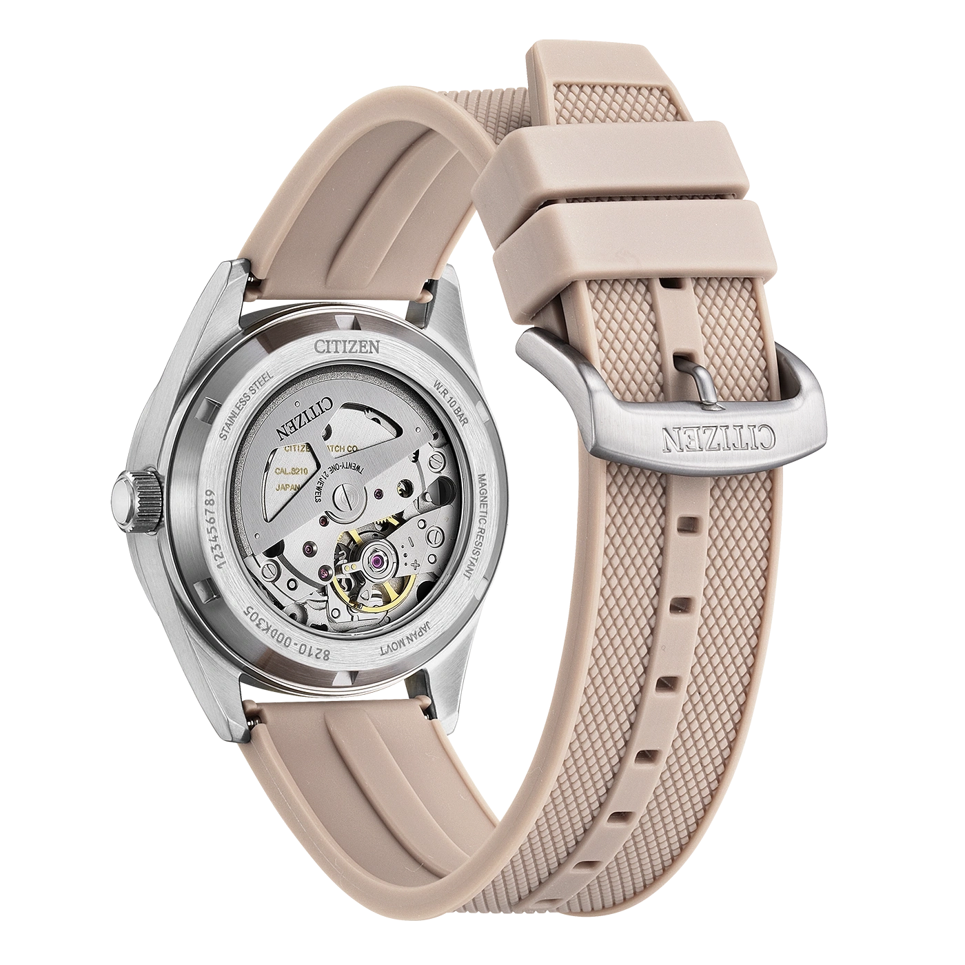 Rückansicht einer Citizen-Uhr mit beigem Armband und sichtbarem Uhrwerk.