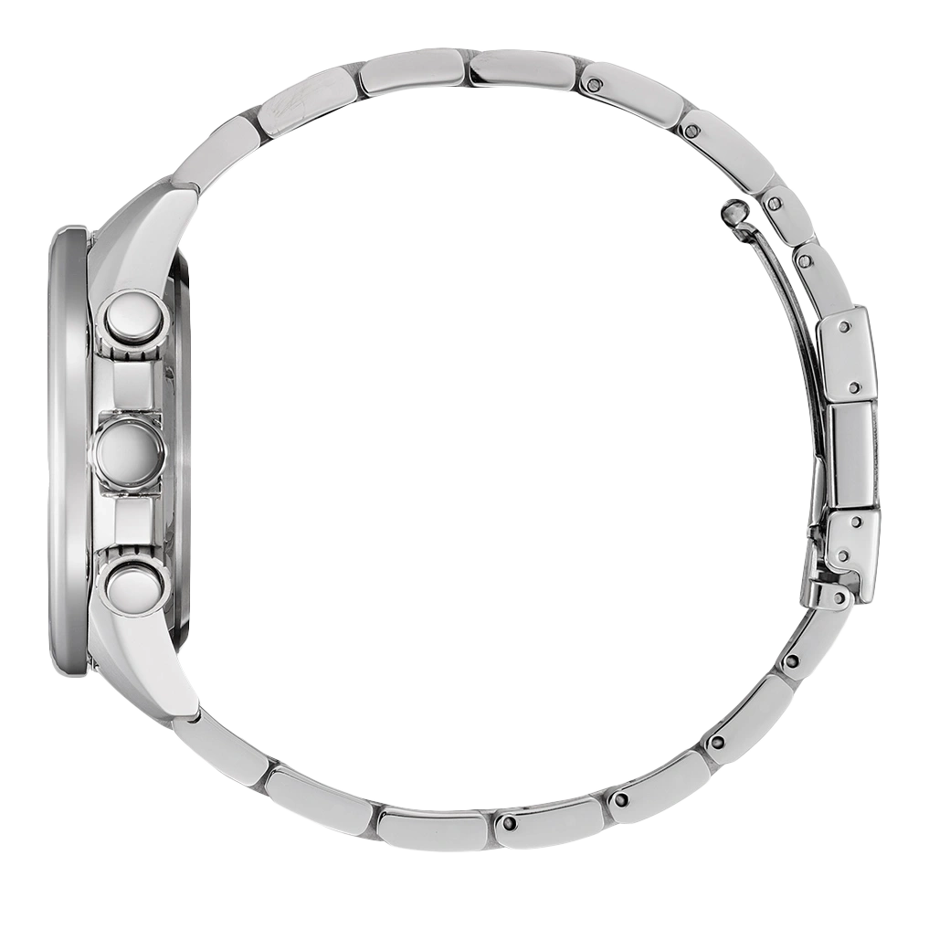 Seitenansicht einer silbernen Armbanduhr mit Metallband und Knöpfen.