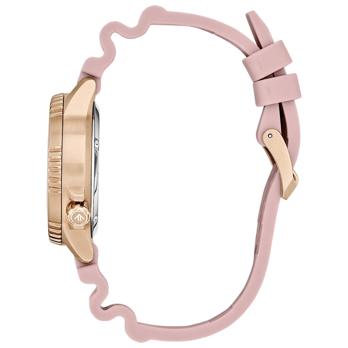 Eine Roségold-Uhr mit einem rosafarbenen Wellenband und einer goldenen Schnalle.