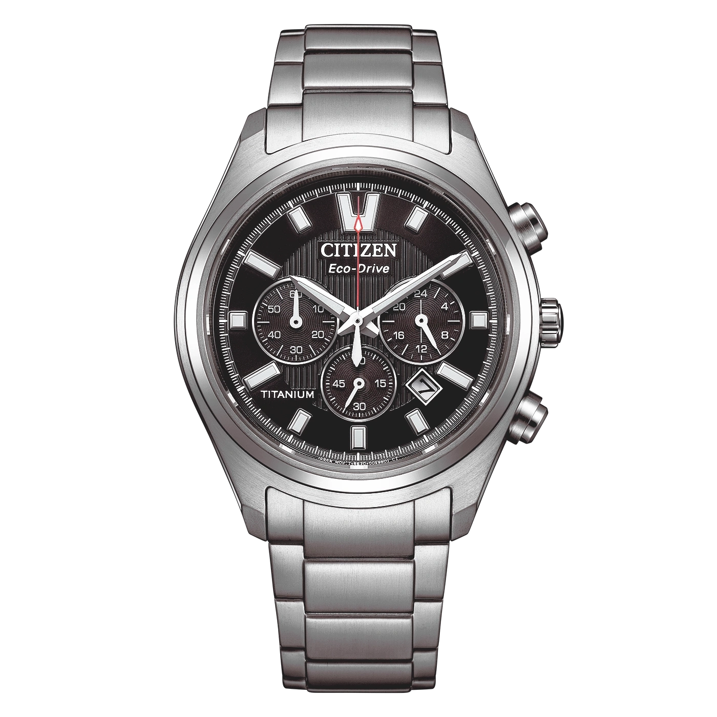 Eine Citizen Eco-Drive Chronograph-Uhr aus Titan mit schwarzem Zifferblatt.