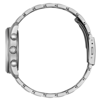Seitenansicht einer silbernen Uhr mit Metallarmband und Knöpfen.
