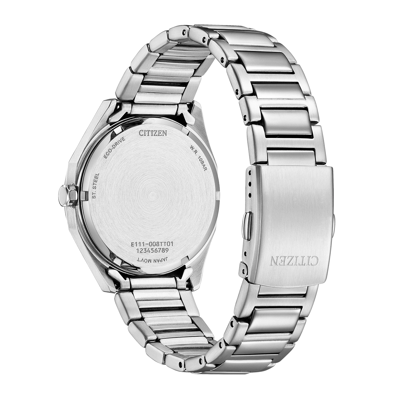 Citizen-Uhrenrückseite, Edelstahl, Eco-Drive, W.R. 10BAR, Japan Movt.
