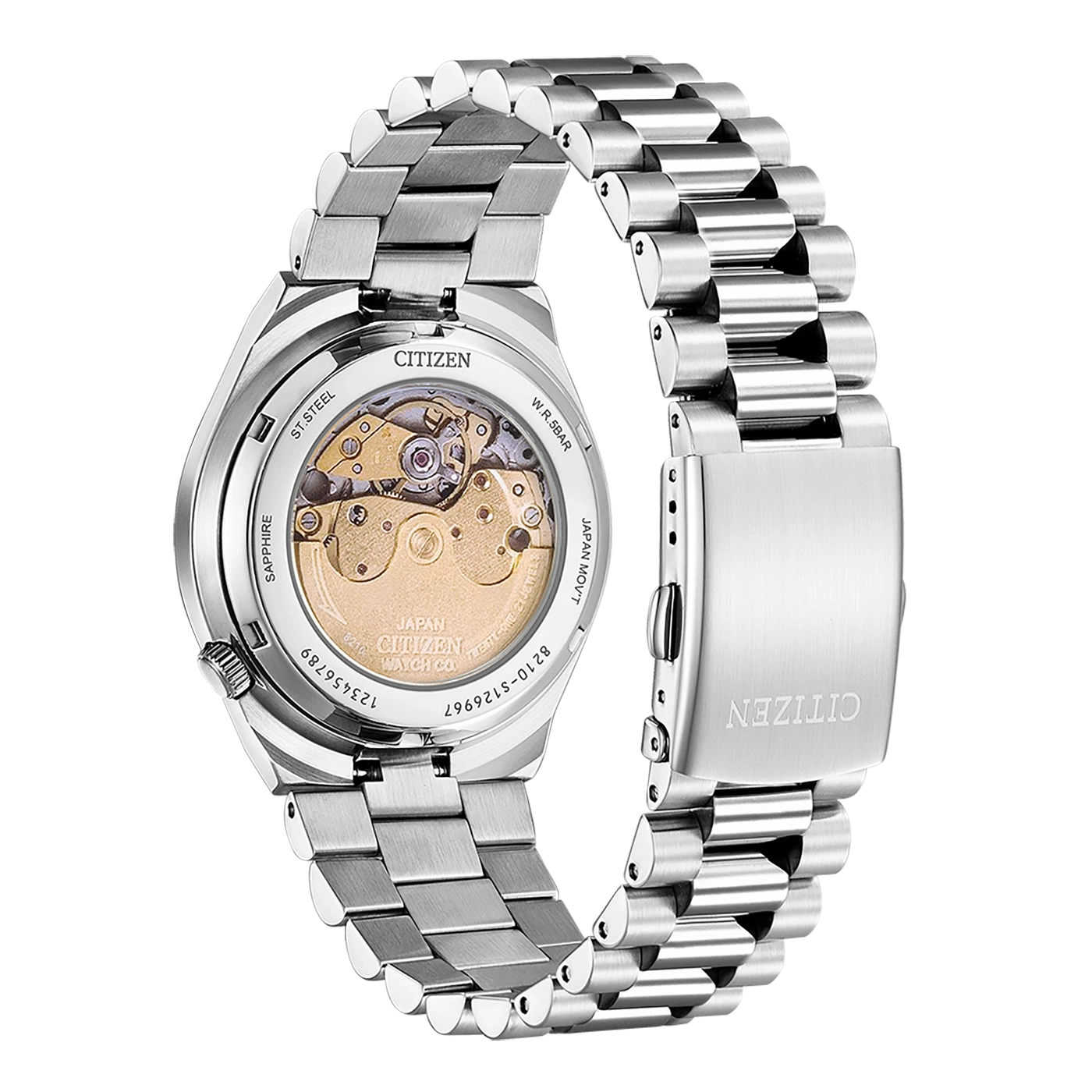 Citizen-Uhr, Rückseite, Stahl, Saphir, japanisches Uhrwerk, sichtbarer Mechanismus, Armband.